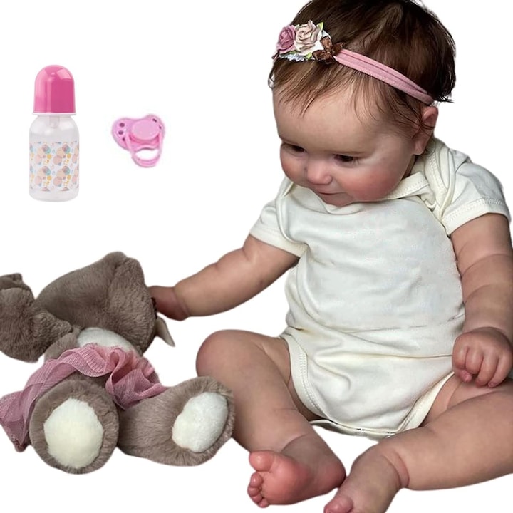 Реалистична силиконова кукла 50 см, MESEVEN, комплект с шише, биберон, шапка и дрешки, многоцветна