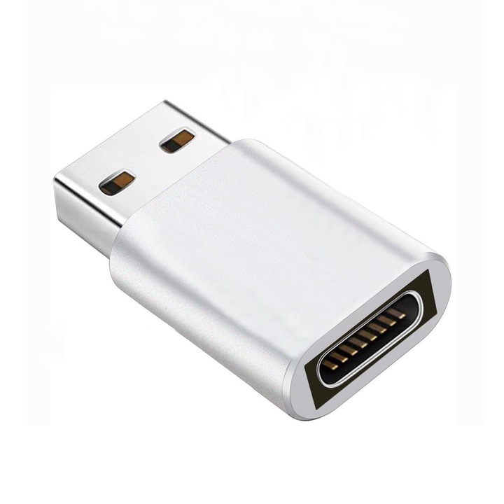 Адаптер USB към USB-C, корпус от алуминиева сплав, 3A бързо зареждане и трансфер на данни, сребрист