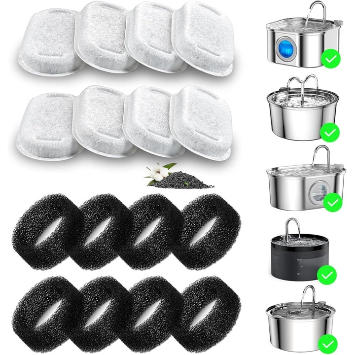 Filtru dozator de apa pentru animale de companie pentru purificarea dozatorului de apa pentru caini si pisici, carbune activ, indeparteaza impuritatile si parul, 8 filtre de bumbac si 8 bureti prefiltru