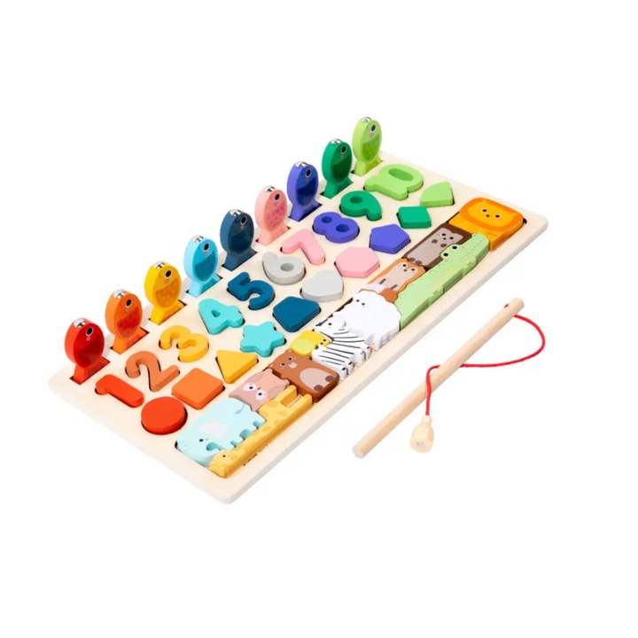 Jucarie Interactiva si Educativa tip Montessori din lemn, sortator de culori, cifre, forme, animale, joc de pescuit cu magnet,3+