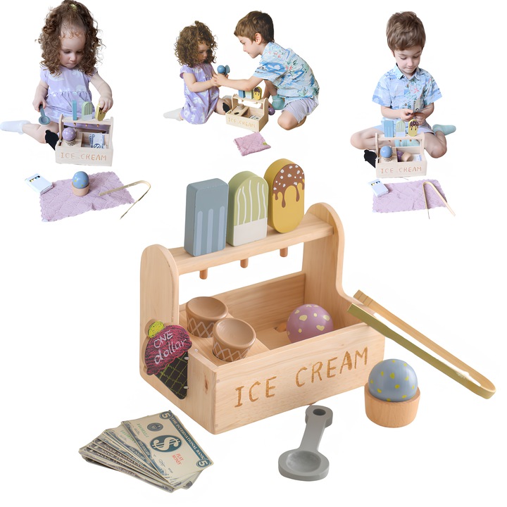 Jucarie educativa din lemn tip Set inghetata, Arelair Magic Box®, joc Montessori de rol, combinatii multiple de inghetata, conuri si accesorii stand inghetata, dezvoltare abilitati motorii si sociale, vopsea non-toxica, pentru 2 ani+, cadou fete si baieti