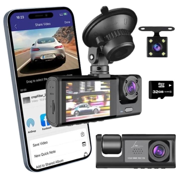 Тройна видеокамера LouLuna, Wifi, Full HD 1080P, включена карта с памет 32 GB, Преден, заден, вътрешен запис, 170° ъгъл на запис, LCD екран, G-сензор, Нощно виждане, Сензор за движение, Черен