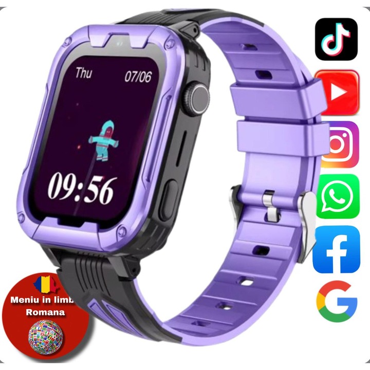 Ceas Smartwatch Pentru Copii AMYMAT Wonlex KT32 WhatsApp, Mov, cu localizare GPS, apelare video, rezistent la apa si monitorizare spion 4G Meniu in limba Romana Deblocare Faciala