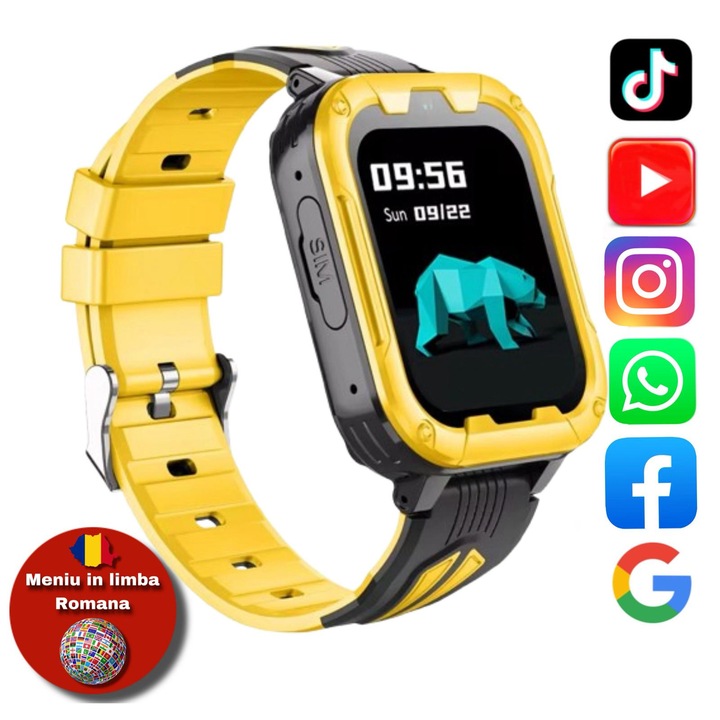 Ceas Smartwatch Pentru Copii AMYMAT Wonlex KT32, Galben, WhatsApp cu localizare GPS, apelare video, rezistent la apa si monitorizare spion 4G Meniu in limba Romana Deblocare Faciala