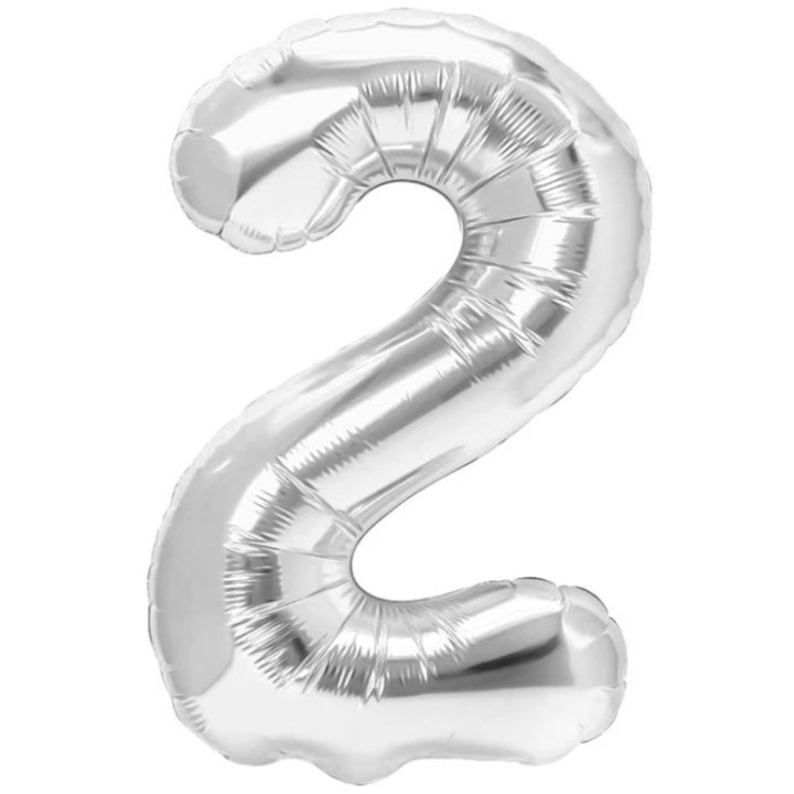 Балон от Метализирано Фолио, Лески, Фигурка Цифра, Тема Годишнина 40 см, Индивидуална Опаковка, Включена Сламка, Надуване с Въздух или Хелий, Сребърен, Цифра 2