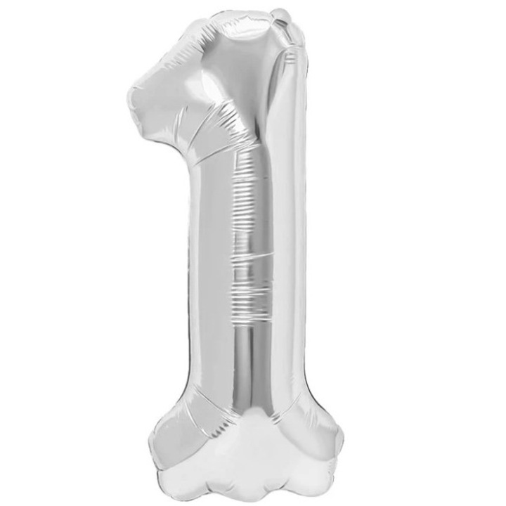 Балон от фолио, Leski, фигурка с цифра, тема Годишнина 40 см, индивидуална опаковка, включена сламка, надуване с въздух или хелий, сребро, цифра 1