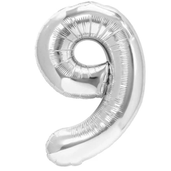Балон от метално фолио, Cyrax, Фигурка с цифри, Тема за рожден ден 80 см, Индивидуална опаковка, Включена сламка, Надут с въздух или хелий, Сребърен, Номер 9