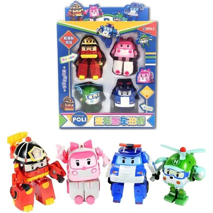 Комплект от 4 играчки робот, Robocar Poli, Пластмаса, Трансформиращ се, 5+, 11x10x15cm, Многоцветен