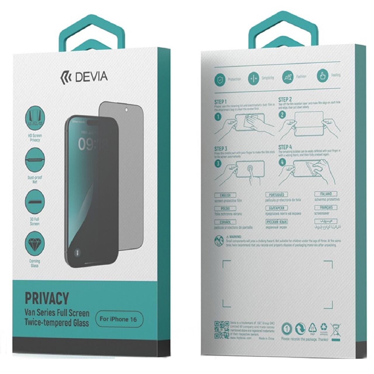 Folie de protectie Devia Sticla Van Series Full Screen Privacy Twice iPhone 16, Negru