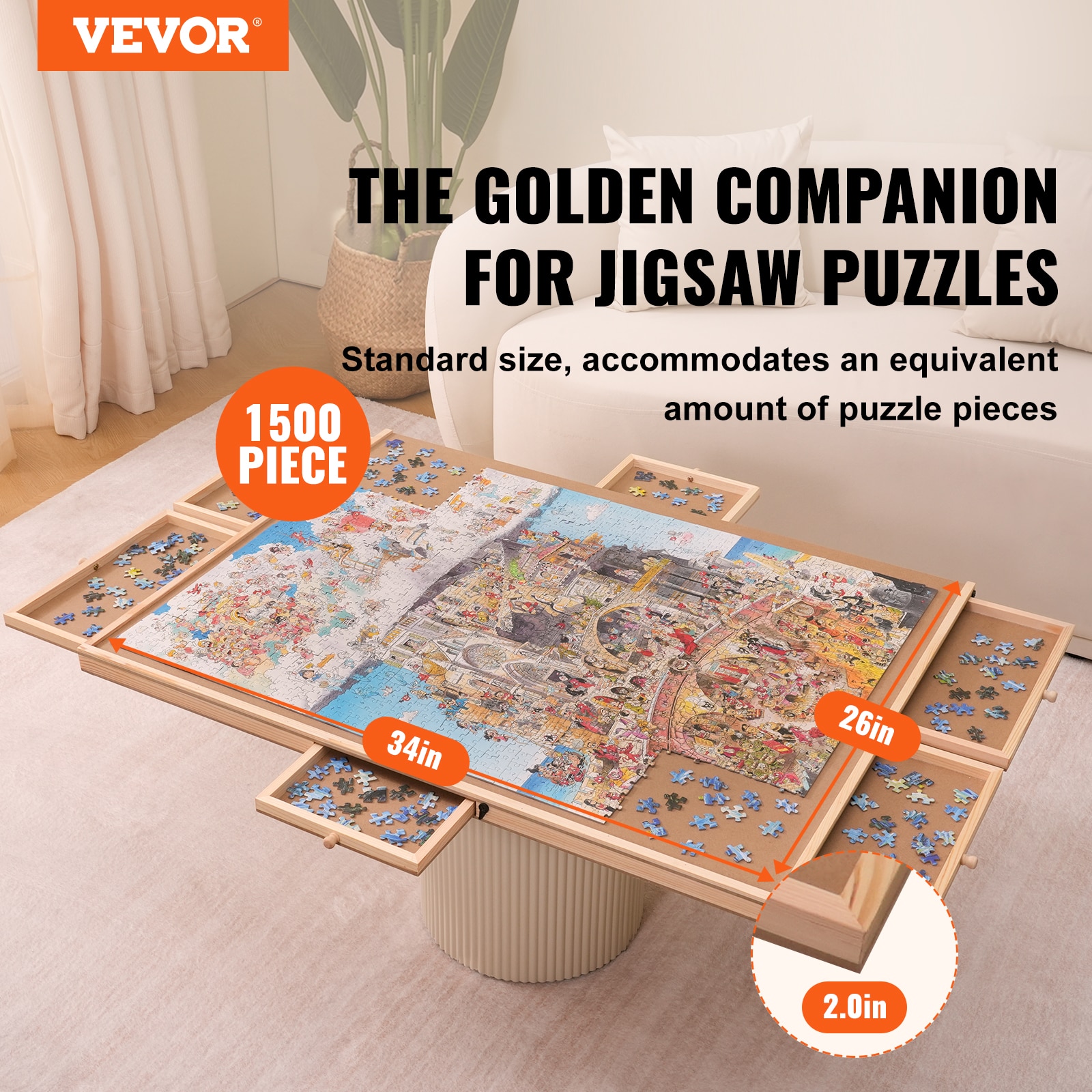 Set masa puzzle rotativa din lemn, 1500 piese, 6 sertare