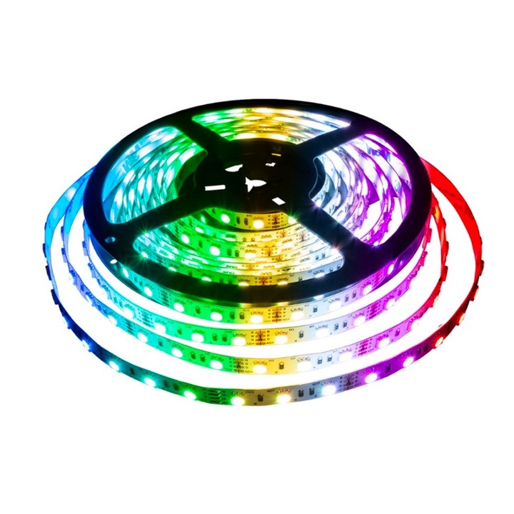 RGB LED лента 12V, Многоцветна, Вътрешна, 60 светодиода, SMD2835 LED чип, Ролка 5 метра