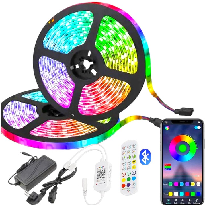 LED лента RGB 5050 Zibba Life™, 5m, IP65, 60 светодиода/метър, управление чрез приложение и дистанционно управление, съвместима с Google Assistant и Alexa