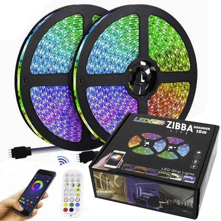Banda Led de 10 Metri 2 Role x 5m, prin Aplicatie Telefon RGB 5050 IP65, 60 LED-uri/metru, Controler - Zibba Life™
