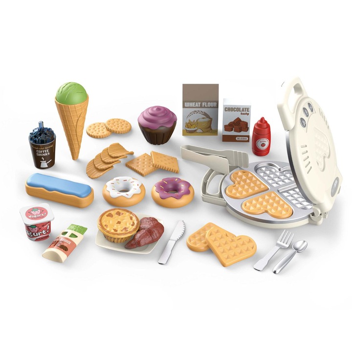 Set Alimente Jucarie, Aparat Vafe cu lumini si sunete, 28 piese, Pebble, Plastic