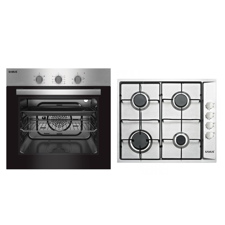 Pachet Samus Cuptor incorporabil SC616GTXV, 56 L, 2200 W si Plita incorporabila PSG-64SX, 4 arzatoare gaz, 56 cm