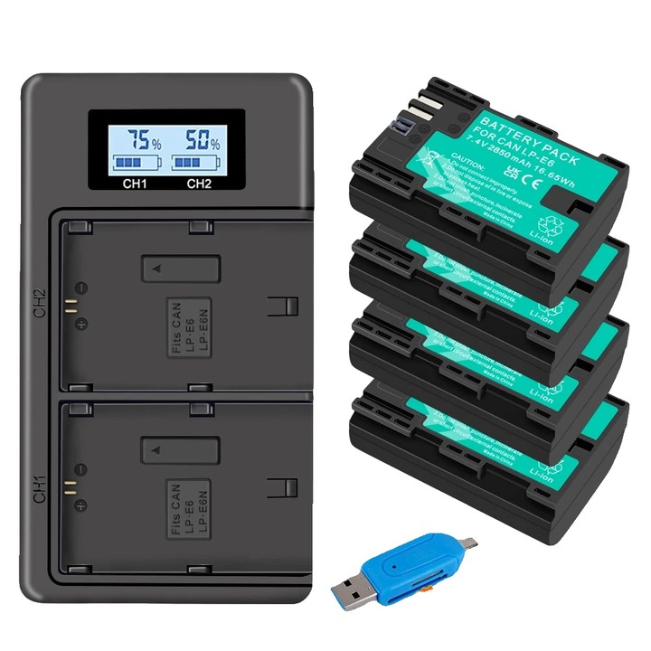 Set 4 baterii LP-E6 cu incarcator dual LCD, 2850mAh