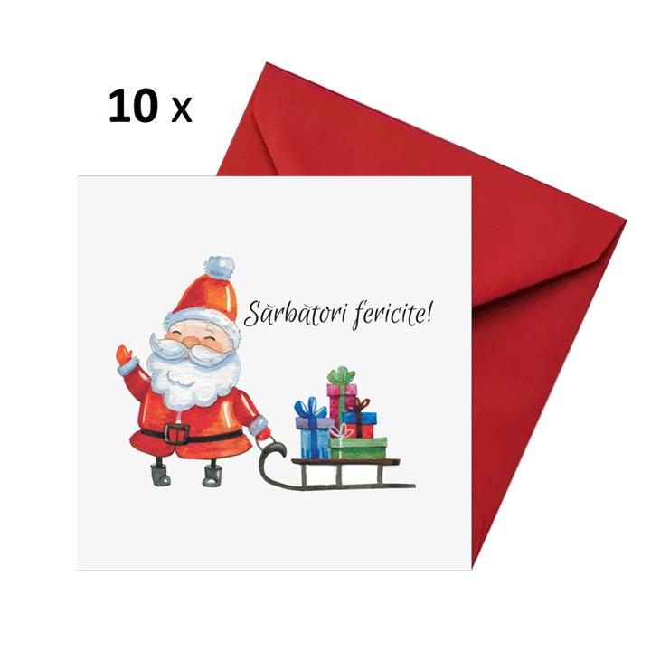 Set 10 felicitari Craciun Santa, cu plicuri rosii, 130x130 mm