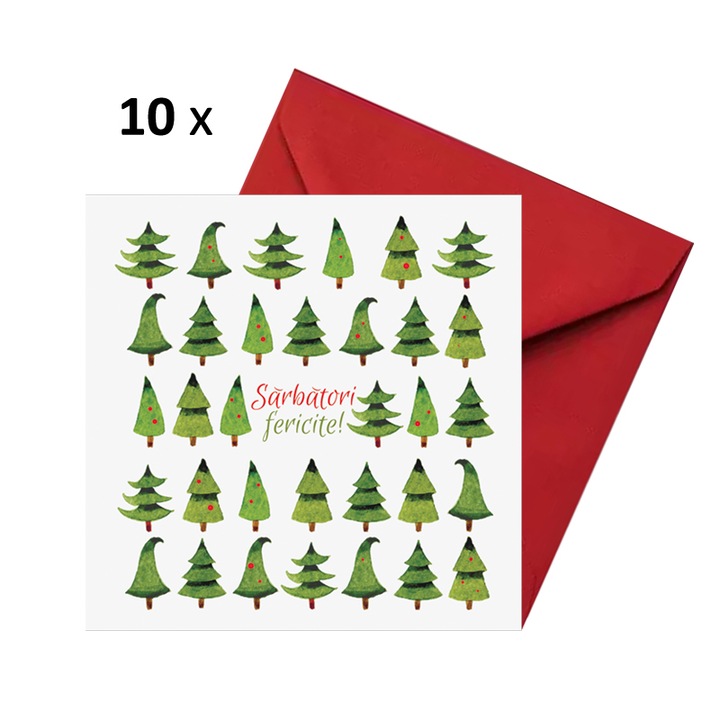 Set 10 felicitari Craciun braduti, cu plicuri rosii, 130x130 mm