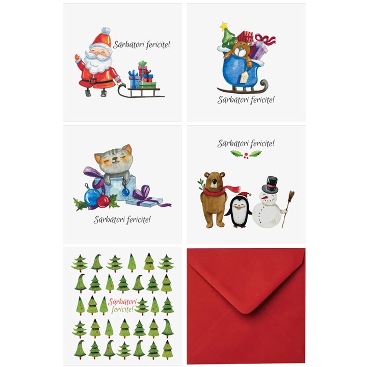 Set 10 felicitari Craciun mix grafic, cu plicuri rosii, 130x130 mm