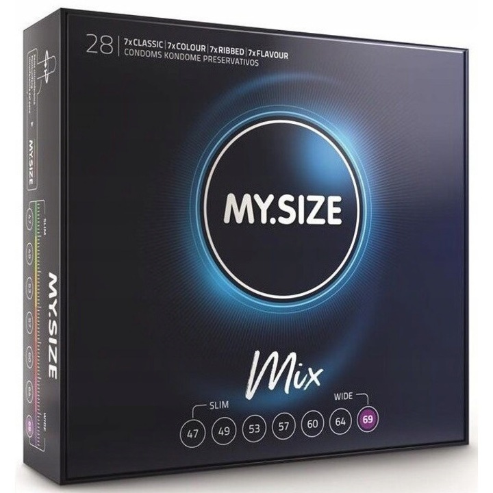 Set prezervative MY.SIZE, 28 unitati, 4 variante, 69 mm, naturale, fara miros, vegane
