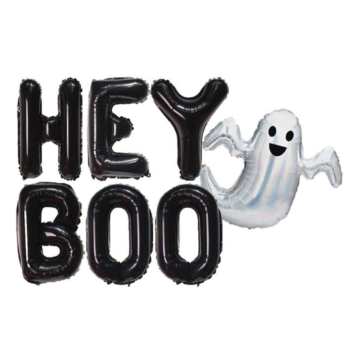 Комплект балони за Хелоуин, HEY BOO, призрак, черен, 7 части