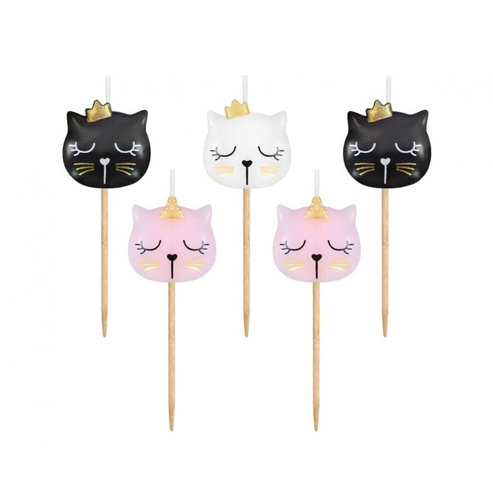 Set 5 lumanari aniversare pentru tort, cap pisicute, multicolor
