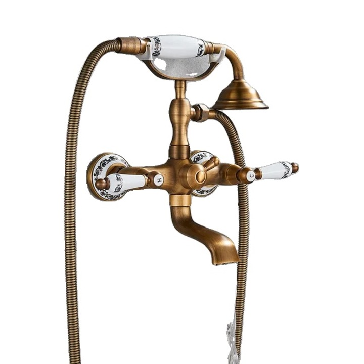 Baterie pentru cada, set cu dus, design cu doua manete, constructie din alama, alama antica, distanta de instalare 6 inch