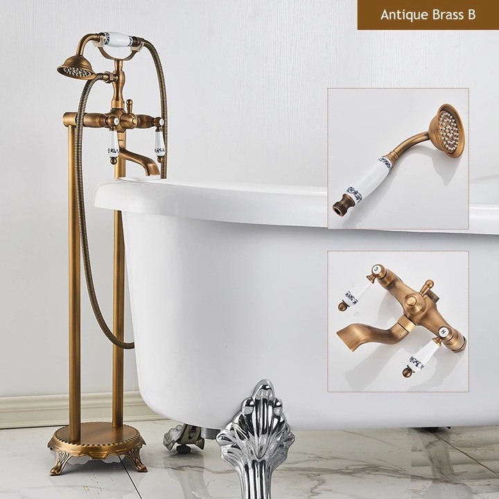 Szaniter padló csaptelep, antikolt felületű, vezérlés két karral, forgó zuhanyfejjel