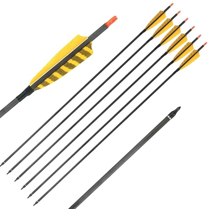 Комплект 24 стрели с естествени пера, Карбон, 32 инча, 25гр, Жълто/Черно