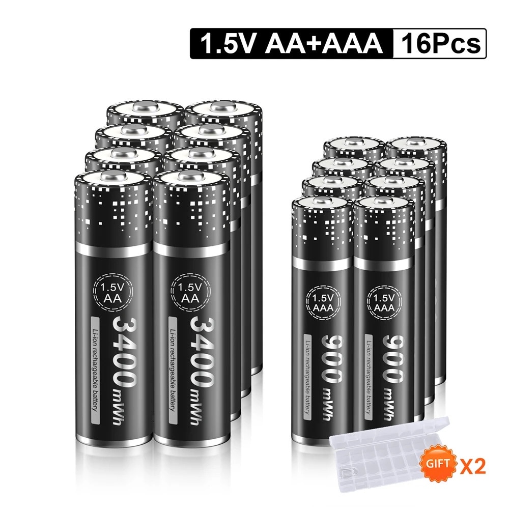 Set baterii reincarcabile 16 buc, 8AA 3400mWh, 8AAA 900mWh, cu carcasa ...