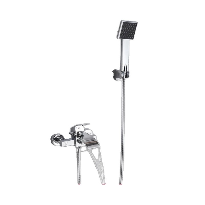 Set baterie dus, furtun dus, cap de dus, design contemporan, montare pe perete, crom, un singur maner