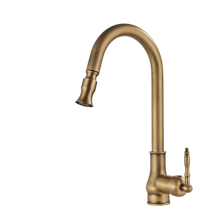 Konyhai csaptelep, antik sárgaréz, kihúzható egykaros, 360°-ban forgatható, meleg-hideg víz keverő, antik A