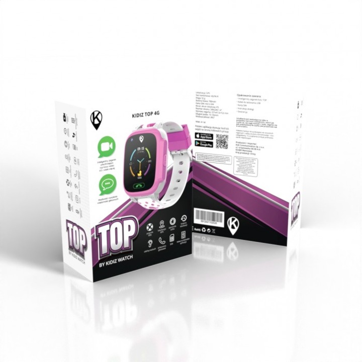 Смарт часовник за деца KiDiZ Top, розов, 4G, 1.4 инча, многоцветен