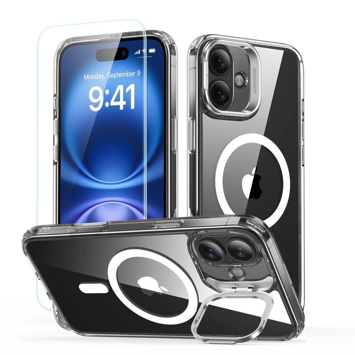Készlet Tok és kijelzővédő üveg, ESR Classic Hybrid Kickstand Halolock MagSafe & Tempered Glass kompatibilis iPhone 16 Plus, Átlátszó