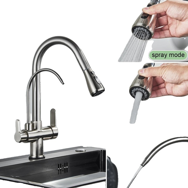 Fürdőszobai csaptelep, kihúzható zuhanyzóval ellátott kivitel, két fogantyúval, szálcsiszolt nikkel