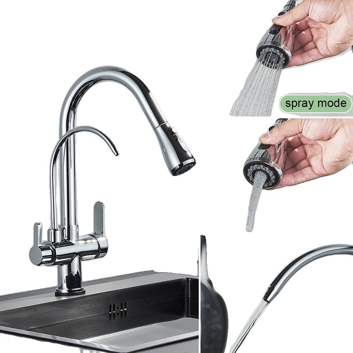 Fürdőszobai csaptelep, visszahúzható kifolyóval, két fogantyúval, krómozott