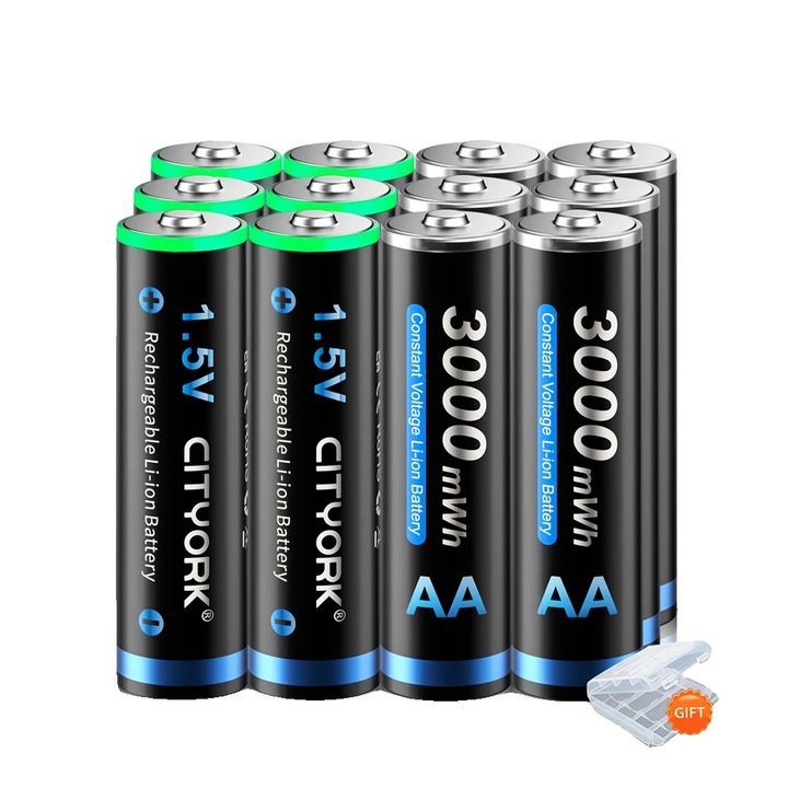 Set 12 Baterii AA Reincarcabile Lithium-ion 3000mWh cu Incarcator LCD