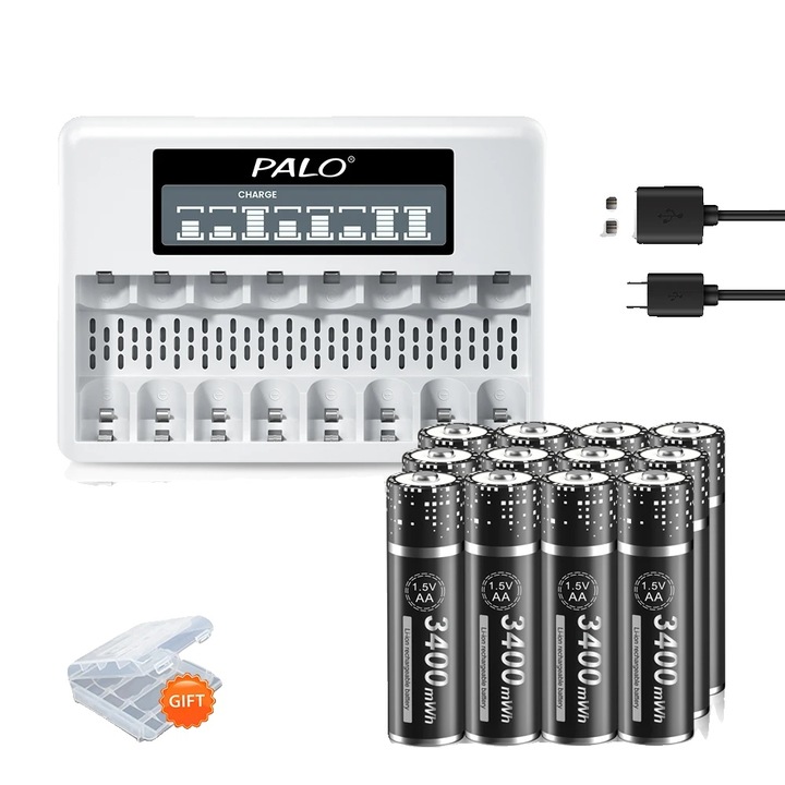 Set 12 Baterii AA 3400mWh cu Incarcator, Capacitate Mare, Incarcare Rapida, Dimensiuni Baterie 50x14mm