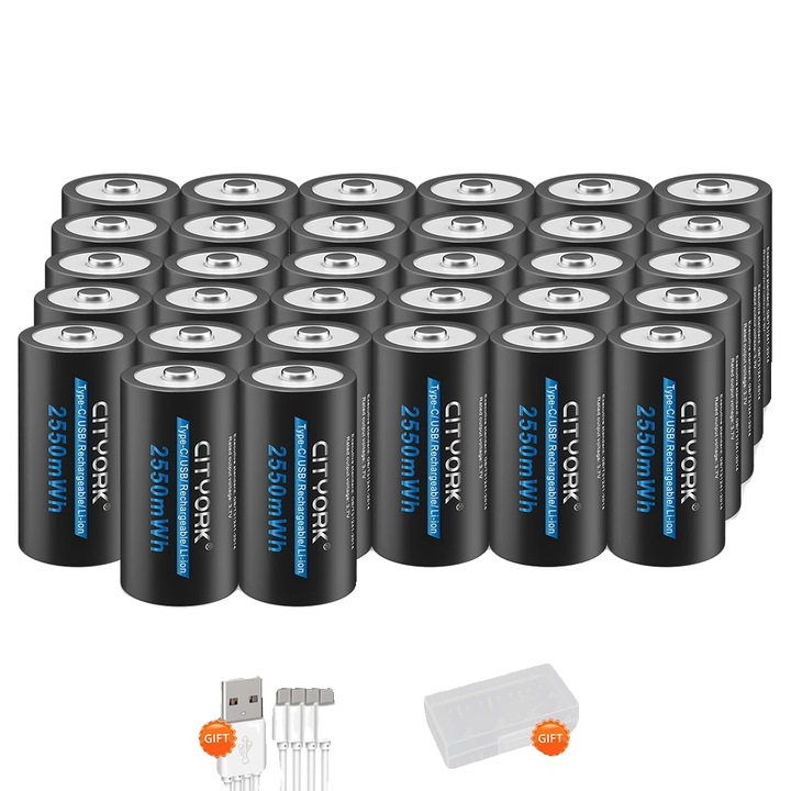 32 db CR123A 16340 újratölthető elem készlet, 2550 mWh kapacitás, C típusú USB töltés