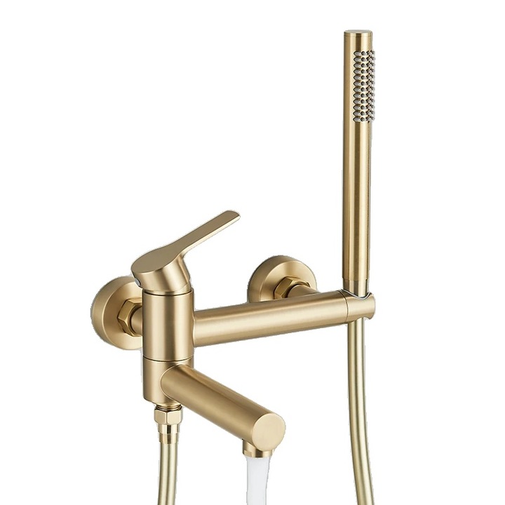 Baterie sanitara pentru cada, cu robinet rotativ, control cu un singur maner, finisaj auriu periat, montare pe perete