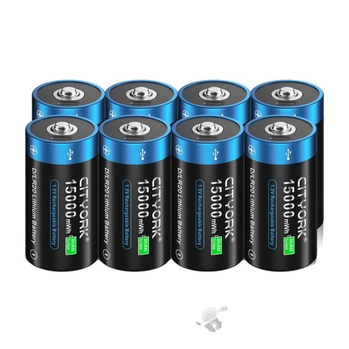 Újratölthető D akkumulátorok, 8 DB, kapacitás 15000mWh, USB töltés
