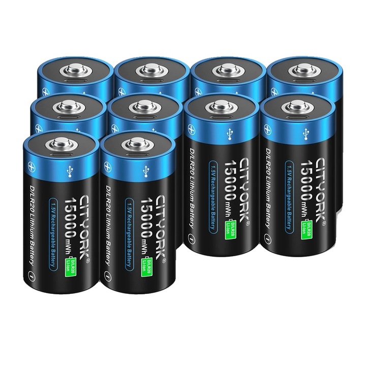 10 db-os újratölthető elemkészlet D Cityork, kapacitás 15000 mWh, USB töltés