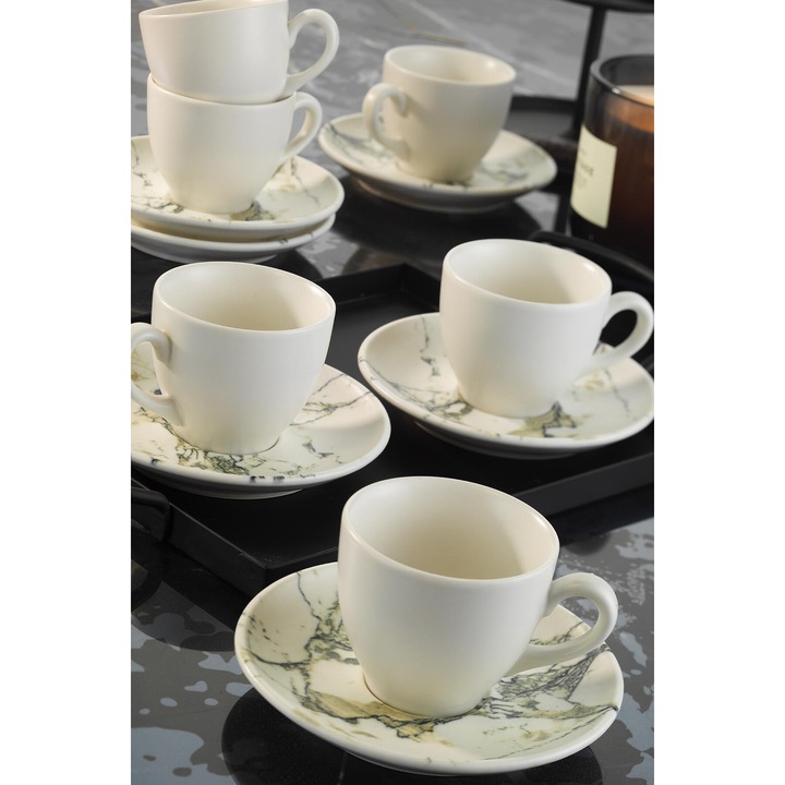 Kutahya kávétálaló, 12 db, 6 személyes, márvány hatású fehér