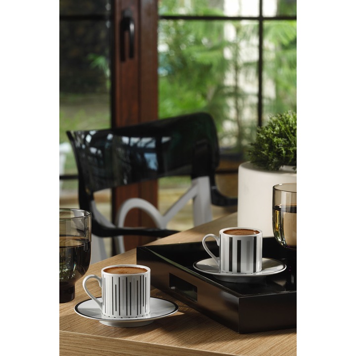 Kutahya Porcelán kávéscsésze készlet, 4 db, 2 személyes, színes fehér és fekete csíkos