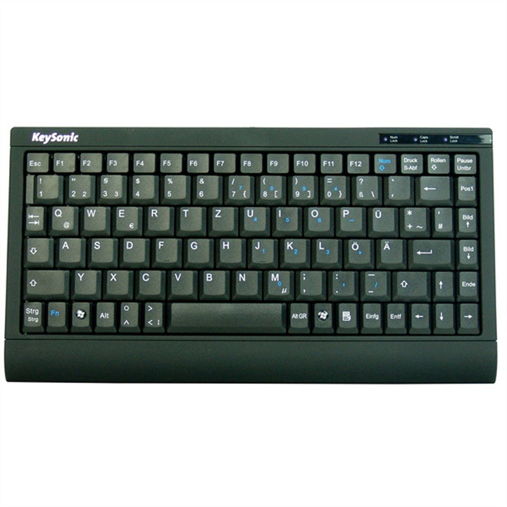 Tastatura mini KeySonic, neagra, dimensiuni 291x29x154mm, design modern, tehnologie membrana SoftTouch