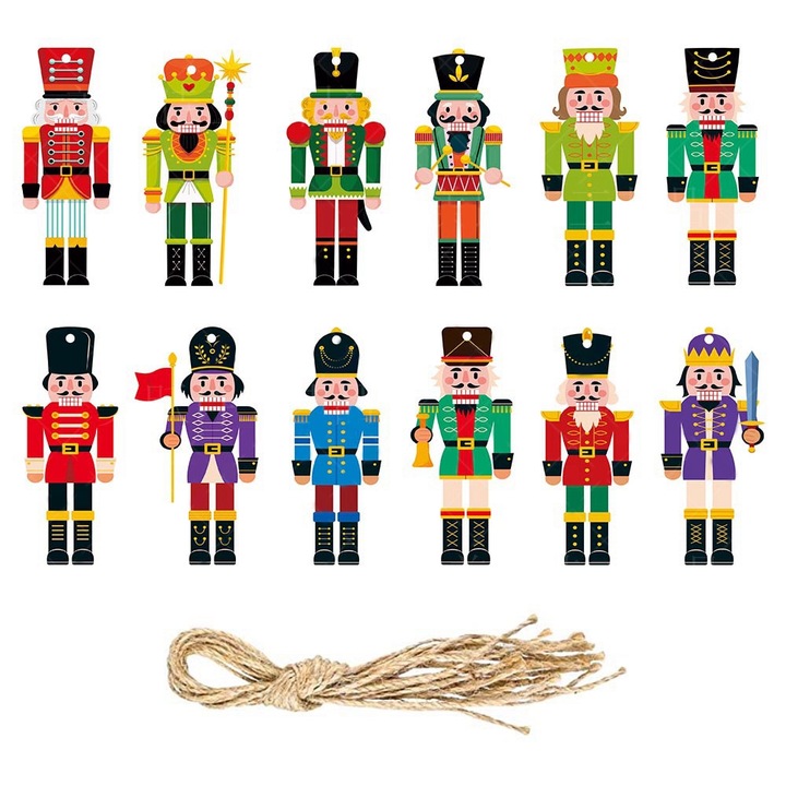 Set de 12 decoratiuni pentru pom de Craciun, Kravzite®，5 x 11 cm, The Nutcracker, Multicolor