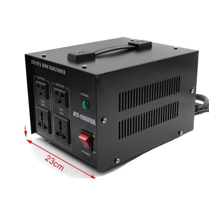 Transformator 1000W, 110V/220V, 2 prize, 23x19.3x15.3cm, Negru