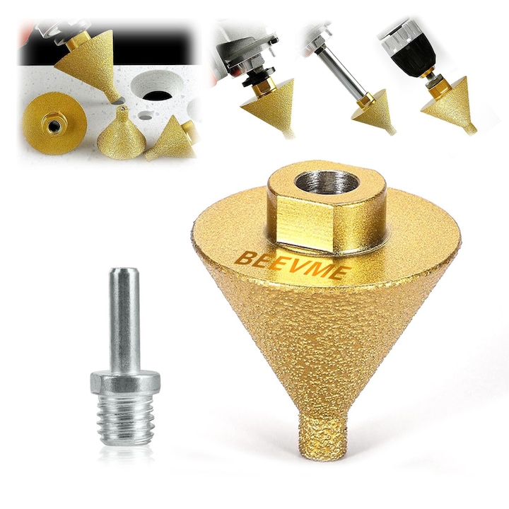 Burghiu diamantat, conic, pentru sanfrenare si debavurare, compatibil cu polizoare unghiulare si bormasini, potrivit pentru marmura, granit, ceramica si sticla, filet M10, 38 mm