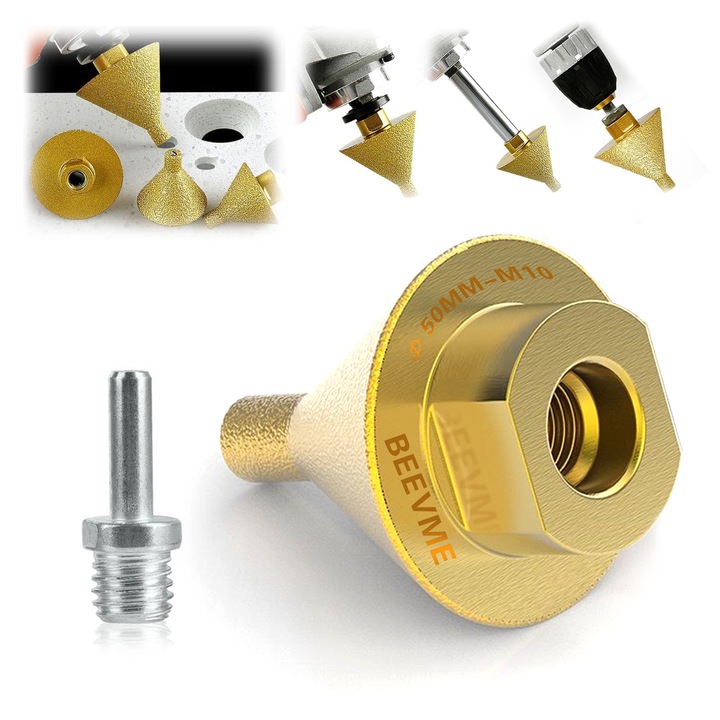 Burghiu diamantat, conic, pentru sanfrenare si debavurare, compatibil cu polizoare unghiulare si bormasini, potrivit pentru marmura, granit, ceramica si sticla, filet M10, 50 mm