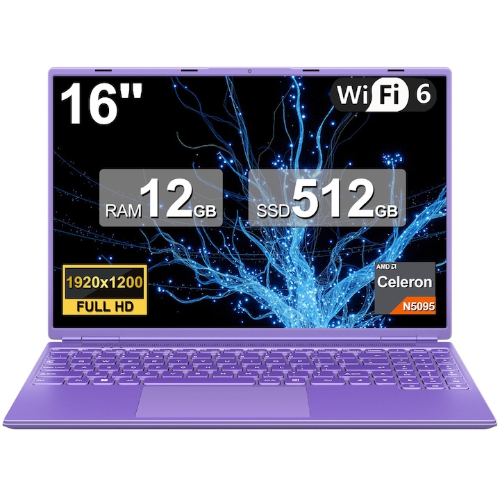NOTODD N600 Laptop 16 hüvelykes Celeron N5095 akár 2.9Ghz-ig, Win 11 laptop 5G WiFi-vel 12+512GB SSD bővíthető 1TB-os meghajtóval, BT 4.2 Mini multimédia porttal Hűtőventilátor 1920*1200 - Lila